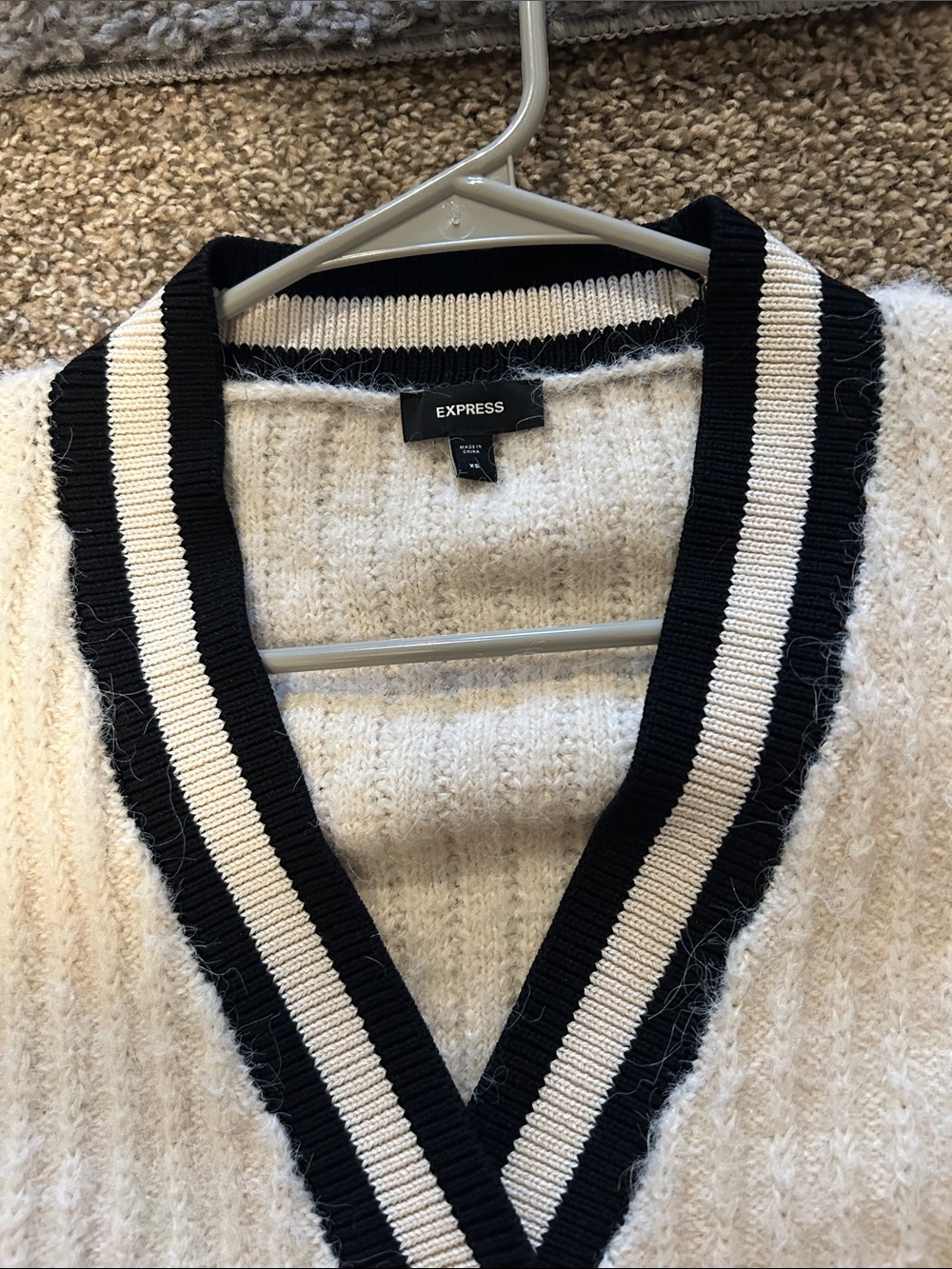 Express Cream Ribbed Cardigan with Black Trim - Picture 2 of 4